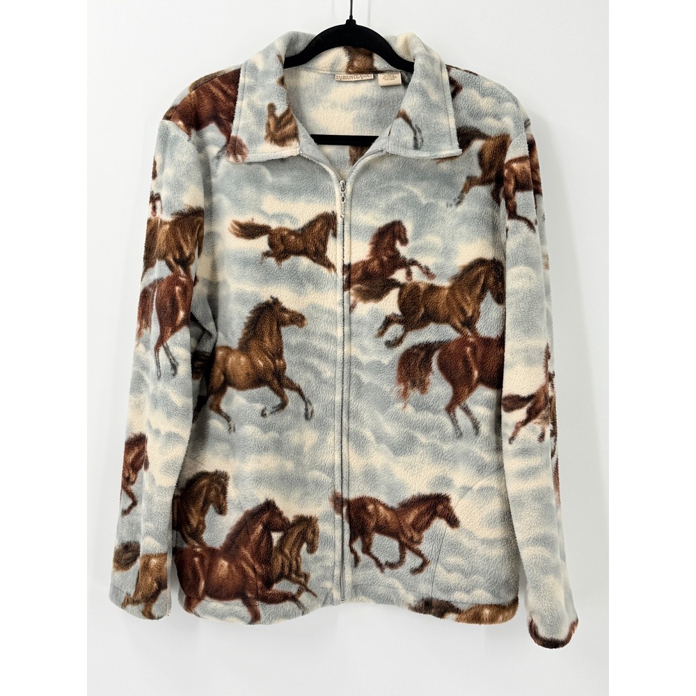 Vtg 90s Wild Horses Fleece Jacket Womens sz M Horse Full Zip outdoors cabin core